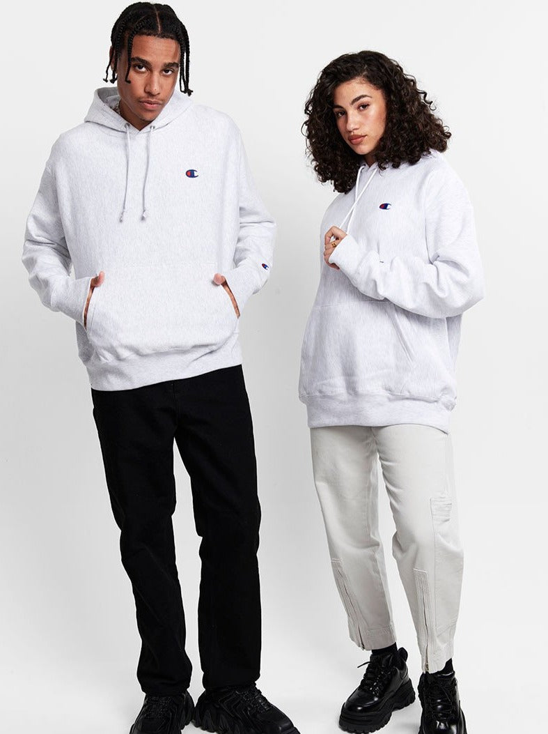 Grey champion hoodie on sale with white writing