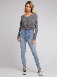 All About Eve V-Neck Tie L/S Tee - Charcoal