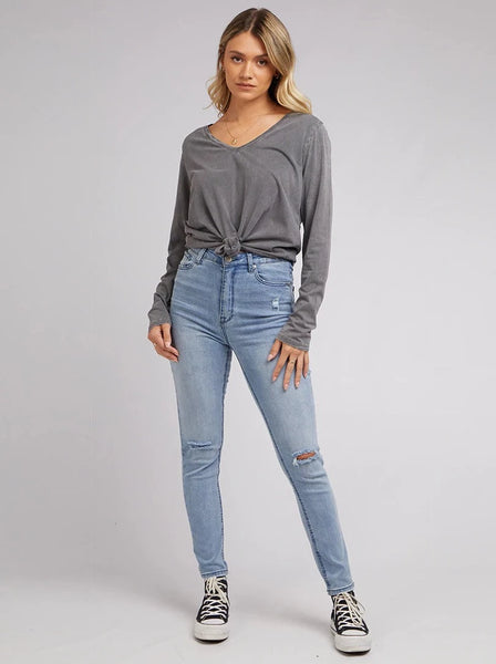 All About Eve V-Neck Tie L/S Tee - Charcoal